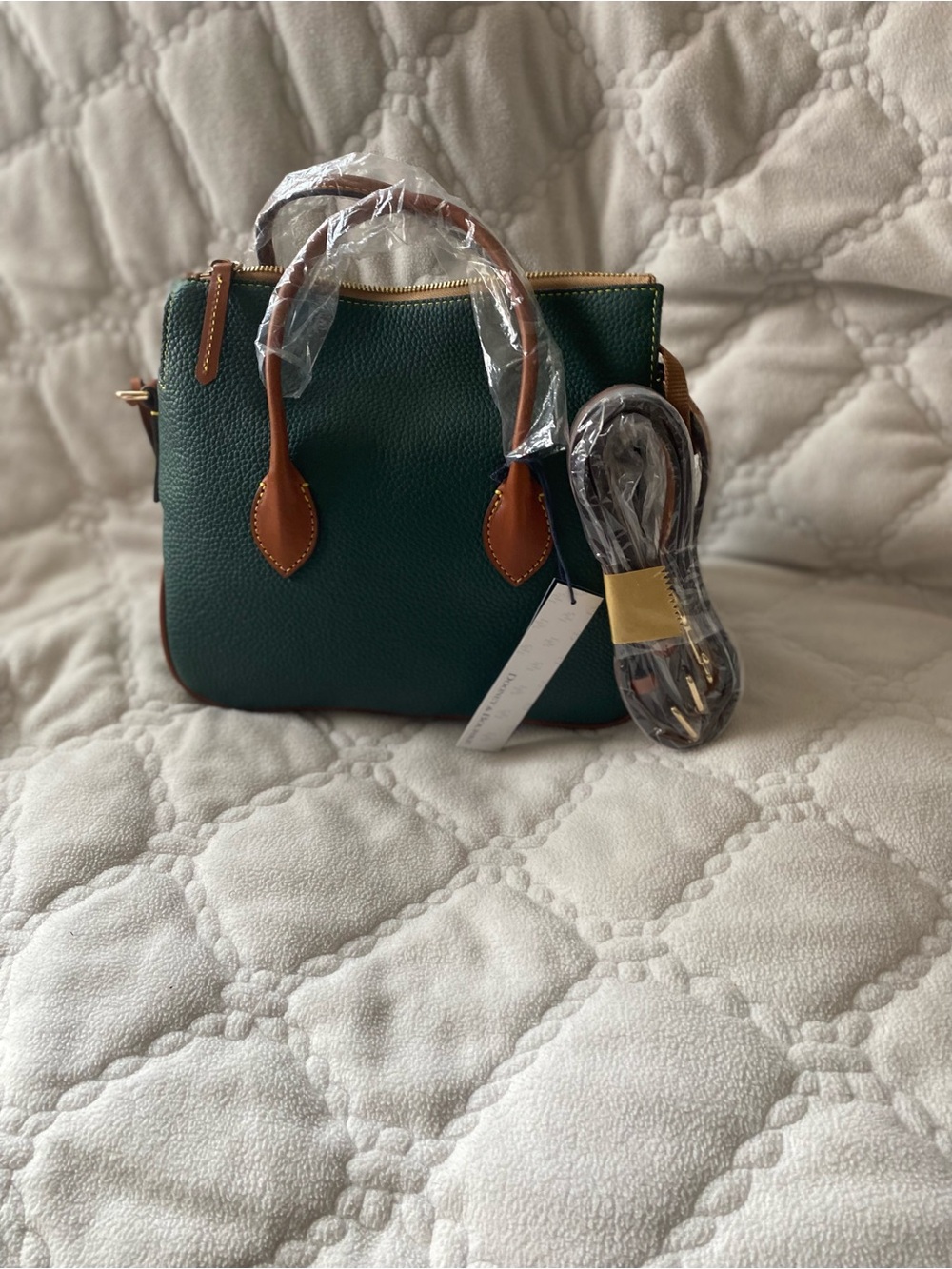 Dooney & Bourke Forest Green Pebbled Leather Satchel with Tan Trim - Picture 2 of 5